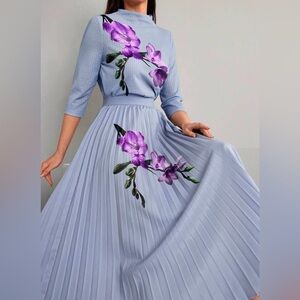 2pcs Women's Floral Printed Casual Blouse And Pleated Skirt Set